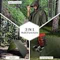 Pikkukuva 4 / 6: Vedenpitävä sadeponcho aikuisille, kevyt sadetakki 3-in-1 monitoiminen sadevaate hupulla patikointiin, retkeilyyn ja ulkoiluun Military Green