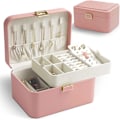 Miniatyrbillede 1 af 3: 2-lags Luksus Smykkeskrin i Læder til Øreringe, Armbånd, Ringe & Halskæder, Blødt Velourforet Organizer med Gaveæskeemballage pink