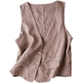 Miniatyrbillede 1 af 5: Dame Bomuldslinned Vest Casual Løs V-hals Ærmeløs Veste Jakke Khaki X-Large