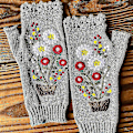Miniatyrbillede 3 af 5: Stretchy blomsterbroderede håndvarmere fingerløse strikkede handsker Blød vante Gray