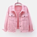 Miniatyrbild 1 av 4: Kvinnor vår- och höstkappor Varma solida långärmade jeansjacka Ytterkläder Pink XXXL