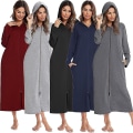 Miniatyrbillede 1 af 3: Dame lang kappe hætte badekåbe lynlås op duster fuld længde massiv lomme Housecoat nattøj Navy blue L