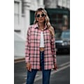 Miniatyrbilde 1 av 5: Rutete Langermet Skjorte Dame Knapper Ullblanding Tynn Jakke Casual Bluse Topper med Lomme Rosa