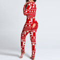 Miniatyrbillede 1 af 4: Dame Ét Stykke Print Nattøj Jule Pyjamas Jumpsuit Romper Langærmet Nattøj Mørkerød