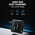 Miniatyrbild 5 av 11: Wozinsky CGWCB 140W GaN vegglader 3 x USB-C / 2 x USB-A - svart