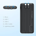 Miniatyrbillede 8 af 11: CHOETECH B654 10000MAH 22,5W USB-A / USB-C / MICRO USB POWERBANK MED INDBYGGET USB-C / LIGHTNING-KABEL - SORT