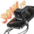 Miniatyrbild 4 av 9: USAMS Lad. ensam. med infällbar kabel 2xUSB-C C41 PD 30W Snabbladdning svart/svart CC220CC01 (US-CC220)