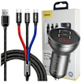 Miniatyrbild 1 av 11: Baseus billader 2x USB 4.8A 24W LCD + 3in1 USB - USB Type C / micro USB / Lightning-kabel 1.2m svart (TZCCBX-0G)