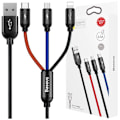 Miniatyrbild 1 av 9: Baseus tre primærfarger 3-i-1 USB-A - mikro-USB / Lightning / USB-C 3,5A-kabel 0,3 m - svart