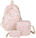 Printed Backpack for Girls - Student Backpack - Cute Bow Three-Piece Backpack Set - Suitable for Travel, School, and Commuting (Pink)-FF-