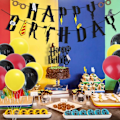 Miniatyrbilde 3 av 5: Fødselsdagspynt, Ballong Gratulerer med dagen Banner Kake Cupcake Toppers Svarte Gule Røde Ballonger for Barn Gutter Jenter