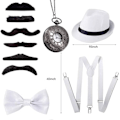 Miniatyrbild 2 av 5: 1920-talets herr accessoarer Flapper Gangster Set Great Gatsby kostym kit 20-tal med Trilby hatt elastisk mustasch hängslen herr fickur