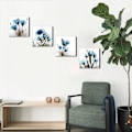 Miniatyrbild 3 av 5: Blå canvas väggkonst för vardagsrum, modern blomram, badrumsvägg, 4-delad uppsättning