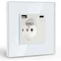 Pikkukuva 1 / 5: Seinän pistorasia USB-liitännällä ja 1 tyypin C -liitännällä, valkoinen AC kidelasipaneelin kanssa, seinävirtapistoke USB-liitännällä (max 2,1 A), sopii älypuhelimeen, tablettiin