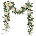 Miniatyrbillede 1 af 5: Kunstig rosenkrans med grønne blade 200 cm 2 stk. blomsterkrans til hjem og bryllupsdekoration