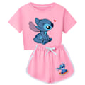 Miniatyrbild 1 av 3: 5-14 År Barn Ungdomar Flickor Pojkar Stitch Tryckt Träningsdräkt Kortärmad T-shirts Topp+ shorts Sportkläder Set Gåvor Pink 160cm
