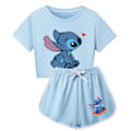 Miniatyrbild 1 av 3: 5-14 År Barn Ungdomar Flickor Pojkar Stitch Tryckt Träningsdräkt Kortärmad T-shirts Topp+ shorts Sportkläder Set Gåvor Light Blue 150cm