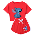 Miniatyrbild 1 av 3: 5-14 År Barn Ungdomar Flickor Pojkar Stitch Tryckt Träningsdräkt Kortärmad T-shirts Topp+ shorts Sportkläder Set Gåvor Red 140cm