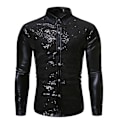 Pikkukuva 1 / 4: Miesten Vintage Metallinhohtoinen Paljetti 70-luvun 80-luvun Disco Pitkähihainen Napitettava Paita Slim Black L