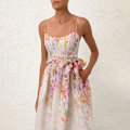 Miniatyrbillede 5 af 5: Zim Style Natura Corset Trykt Linned Midi Kjole Dame Sommer Stroppe Kjole M