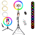 Miniatyrbillede 1 af 5: [3-dages forsendelse] Letvægts 10 tommer ringlampe til skrivebord med 2 stativer - 18 RGB farve dæmpbar selfie ringlampe m/ fjernbetjening, højdejusterbar, til TK