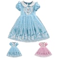 Miniatyrbild 5 av 6: Barnflickor Elsa Princess Tulle Klänning Peter Pan Krage Babydoll Sommarklänning Fest Pink 140cm
