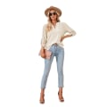 Miniatyrbilde 3 av 5: Dame V-hals Kortermet T-skjorte Casual Løse Skjorter Topper Beige L