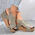 Miniatyrbillede 5 af 5: Sandaler Damer Tyk Sål Retro Sandaler Damer Sequin Nitter Velcro Sandaler Gold EU 38