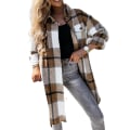 Miniatyrbillede 1 af 5: Dame Casual Revers Knap Ned Lang Frakke Med Brystlomme Plaid Print Åben Front XL Khaki