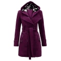 Miniatyrbillede 3 af 5: Dame Hoodie Frakke Dobbeltradet Vinter Filt Lang Jakke Med Taljebælte L Purple