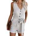 Miniatyrbild 1 av 5: Kvinnors V-hals Casual Kortärmad Linne Korta Rompers Jumpsuits White XL