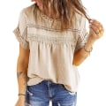 Miniatyrbillede 1 af 5: Dame Sommer Toppe Blonde Hæklet Kortærmet Skjorter Casual Bluser Khaki M