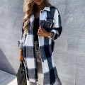 Miniatyrbillede 4 af 5: Dame Casual Revers Knap Ned Lang Frakke Med Brystlomme Plaid Print Åben Front 2XL Khaki