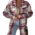 Miniatyrbilde 1 av 5: Uformell lang damekåpe med krage, knapper, brystlomme og rutete trykk, åpen front XL Pink