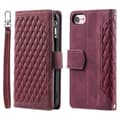 Kompatibelt Fodral för iPhone 16e, Rombmönstrat Plånboksfodral i Läder med Rem WineRed