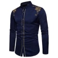 Pikkukuva 1 / 4: Miesten Kirjailtu Pitkähihainen Slim Fit Nappikiinnitteinen Rento Juhlapaaita Navy Blue XXL