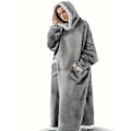 Miniatyrbillede 3 af 5: Casual loungewear-morgenkåbe i store størrelser, tyk Sherpa fleece varm ekstra lang oversized bærbar tæppe til damer med lommer (længde: 150 cm) grey