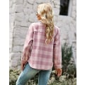 Miniatyrbilde 4 av 5: Rutete skjorte i landlig stil 2023 Høst og vinter Cardigan Lang kåpe Topp Dame Mote Løs Pink M