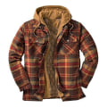 Miniatyrbilde 1 av 3: Quiltet Tykk Rutete Langermet Løs Jakke Herre Hettegenser Quiltet Foret Flanell Hette Full-zip Skjortejakke XL Brown