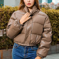 Miniatyrbillede 3 af 5: Læderfrakke Stand Collar Windbreaker Efterår Og Vinter Foret Frakke Til Kvinder S Khaki