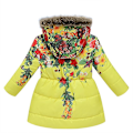 Miniatyrbillede 2 af 5: Pigevinterfrakke Jakke Hætte Børn Blomsterprint Parka Overtøj Yellow 130