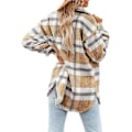 Miniatyrbillede 3 af 4: Dame Casual Plaid Langærmet Skjorte, Flannel Shacket Skjortejakker Khaki M