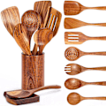 Miniatyrbild 1 av 7: 9-delars Träskedsset för Matlagning, Köksredskap i Teak med Hållare, Träslev och Non-Stick Träspatel