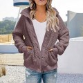 Miniatyrbillede 5 af 5: Kort Vinter Cardigan til Kvinder Langærmet Plys Frakke Med Dobbelte Lommer Ensfarvet 4XL Caramel Color