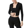 Miniatyrbilde 1 av 5: Crop Topper Gensere Dame Langermet Full Glidelås Hettegenser Slim Rib Trening Jakke For S Black