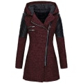 Miniatyrbilde 1 av 5: Dame Skrå Glidelås Slim Fit Hettejakker Stilig Varm Vinter Trenchcoat 2XL Wine Red