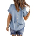 Miniatyrbillede 2 af 5: Dame Sommer Toppe Blonde Hæklet Kortærmet Skjorter Casual Bluser Blue S