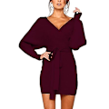 Pikkukuva 1 / 4: Naisten seksikäs avoselkäinen neulemekko, lepakkohiha pitkähihainen mekko burgundy XL