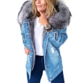 Miniatyrbild 1 av 5: Snygg Parka Retro Plysch Krage Denim Jackor Mode Fleece Fodrad Varm Mid-length 5XL Light Blue