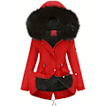 Miniatyrbilde 4 av 6: Varm hettejakke med fluffy kant, avslappet langermet vinterjakke med snøring, dameklær Red 4XL